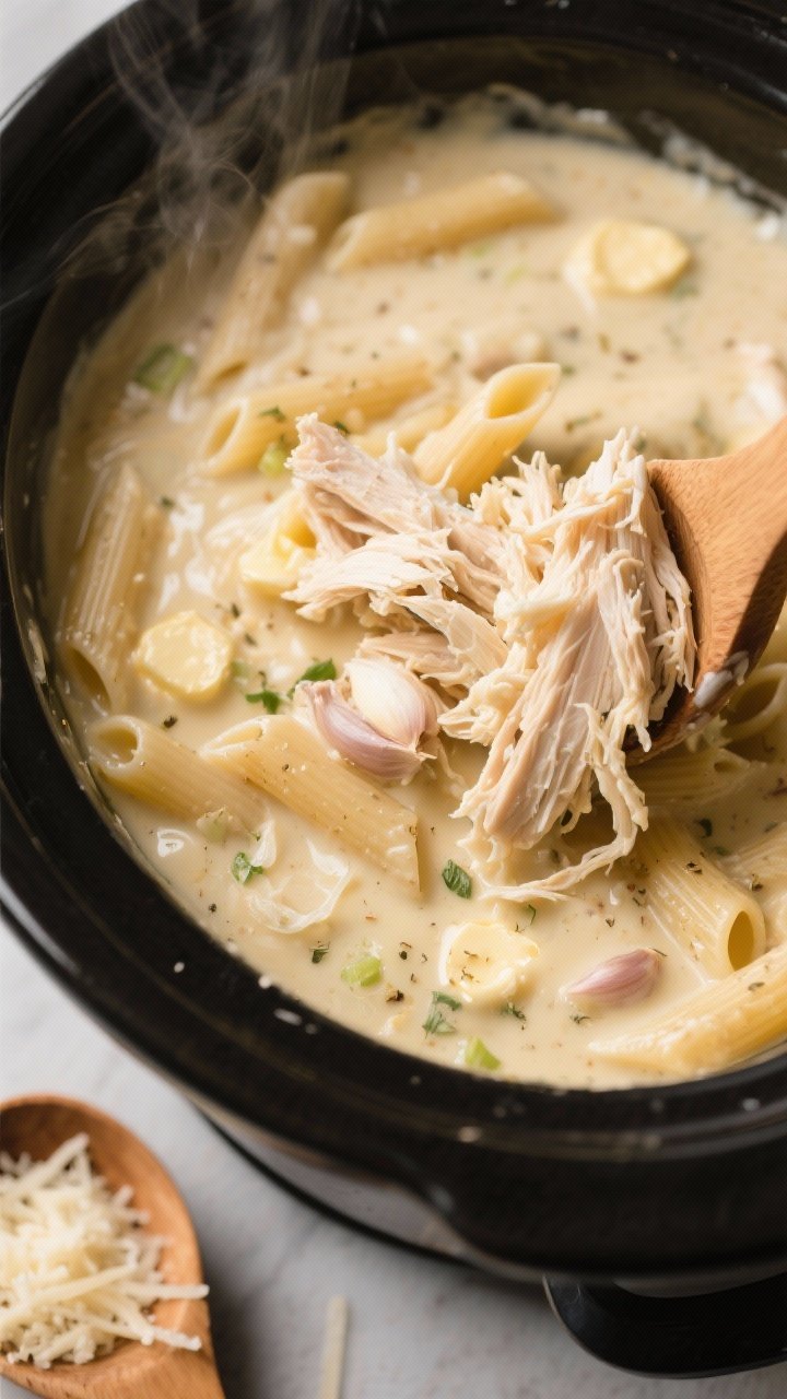Cooking process close-up: Shredded slow-cooker chicken being folded back into a rich, simmering Alfr