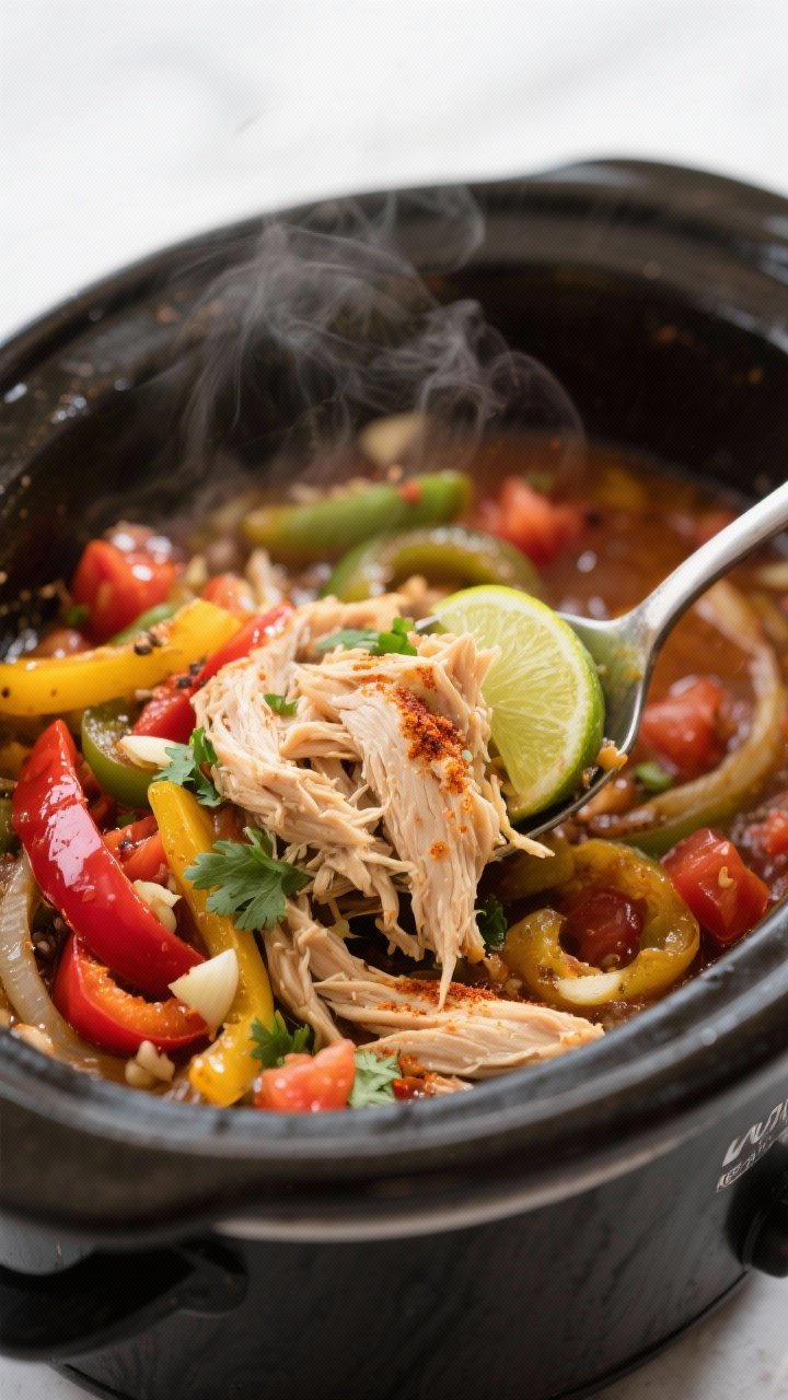 Cooking process close-up: Shredded slow cooker chicken mingling with tender, glossy sautéed bell pe