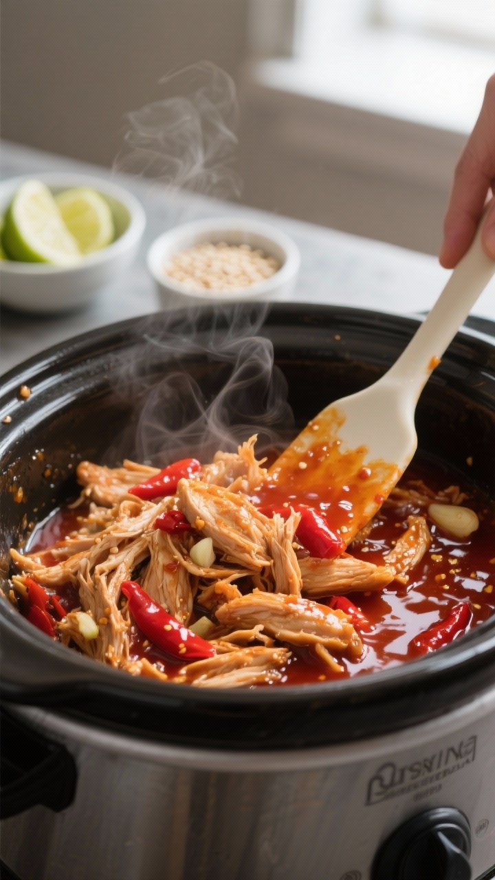 Cooking process, close-up: Shredded sweet chili chicken just returned to the slow cooker, glistening
