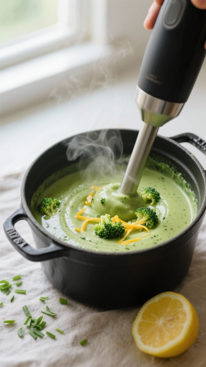 Cooking process close-up: Silky broccoli soup being pureed directly in a pot with an immersion blend