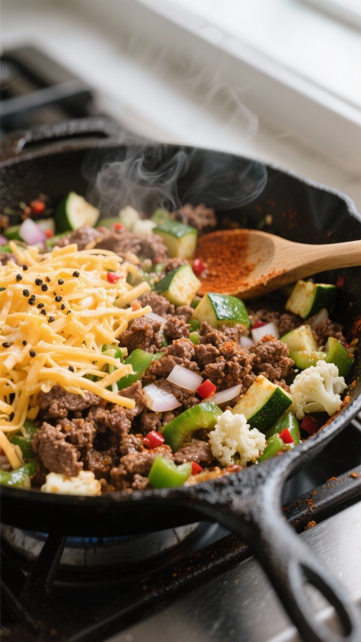 Cooking process close-up: Sizzling low carb taco skillet in a black cast-iron pan on the stove, brow