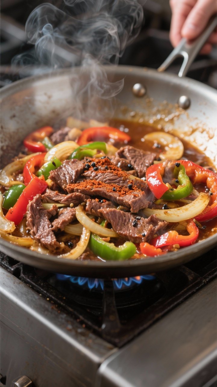 Cooking process, close-up: Sizzling Philly cheesesteak mixture in a wide stainless skillet over medi