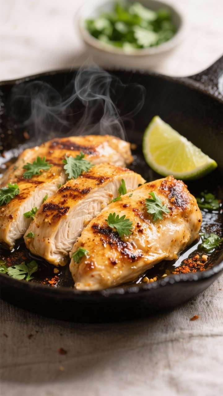 Cooking process close-up: Sliced cilantro-lime marinated chicken sizzling in a preheated cast-iron s
