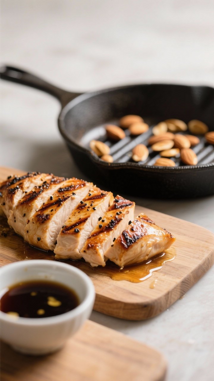 Cooking process close-up: Sliced grilled chicken just off the grill pan, showing deep caramelized gr
