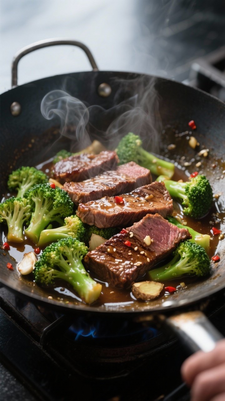 Cooking process close-up: Slices of seared flank steak and crisp-tender broccoli tossed in a glossy 