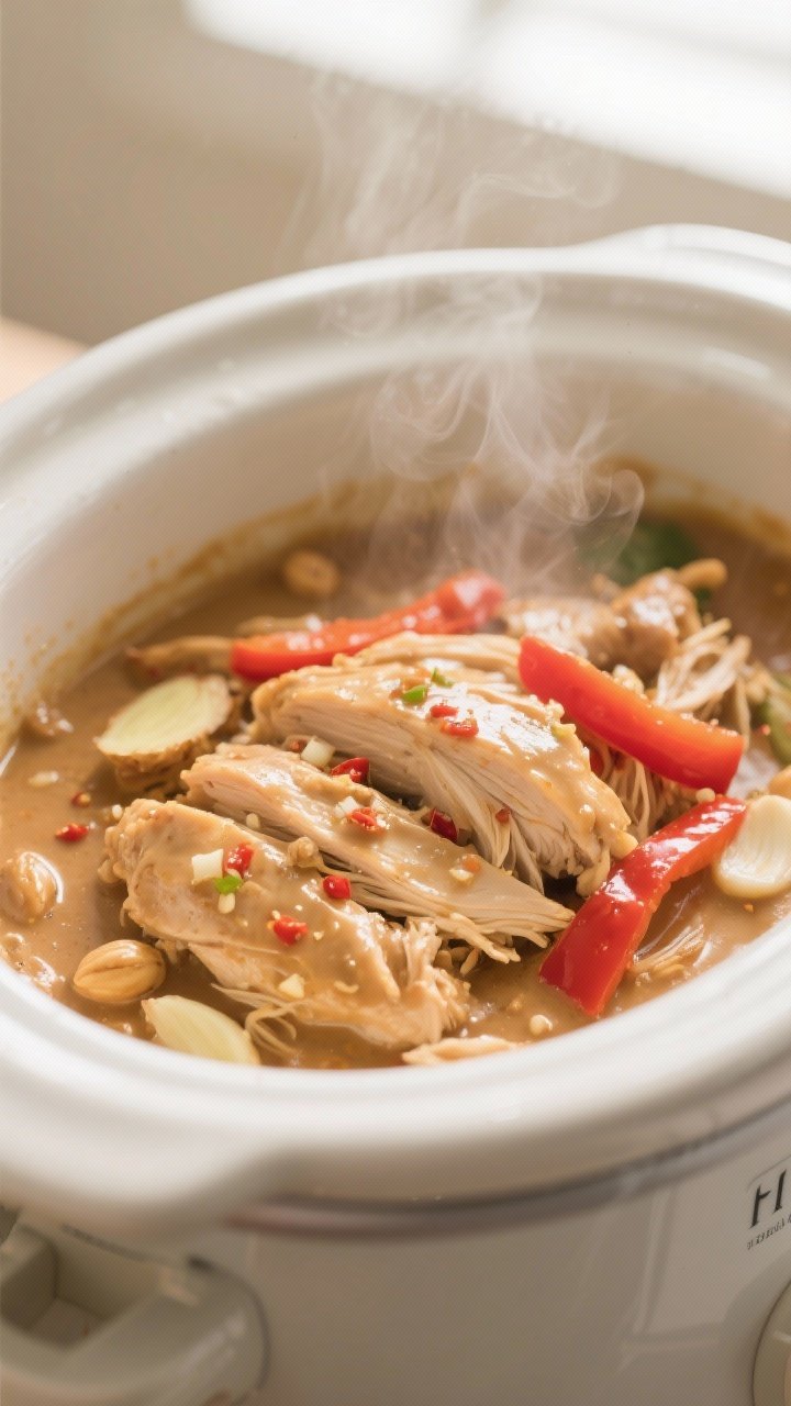 Cooking process, close-up: Slow cooker filled with tender shredded Thai peanut chicken simmering in 