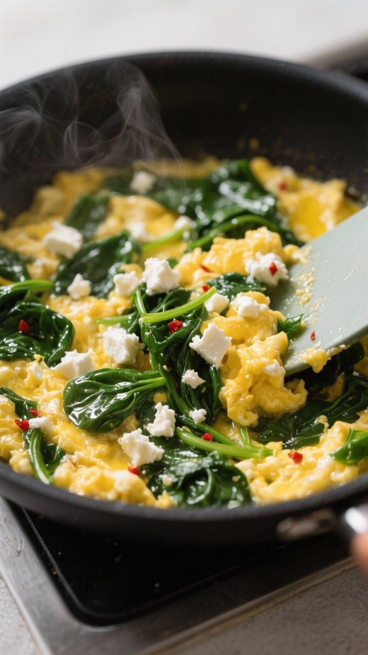 Cooking process close-up: Soft, glossy spinach & feta egg scramble mid-cook in a nonstick skillet, h