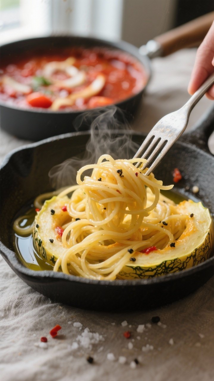 Cooking process close-up: Spaghetti squash strands being freshly raked out with a fork into tender, 
