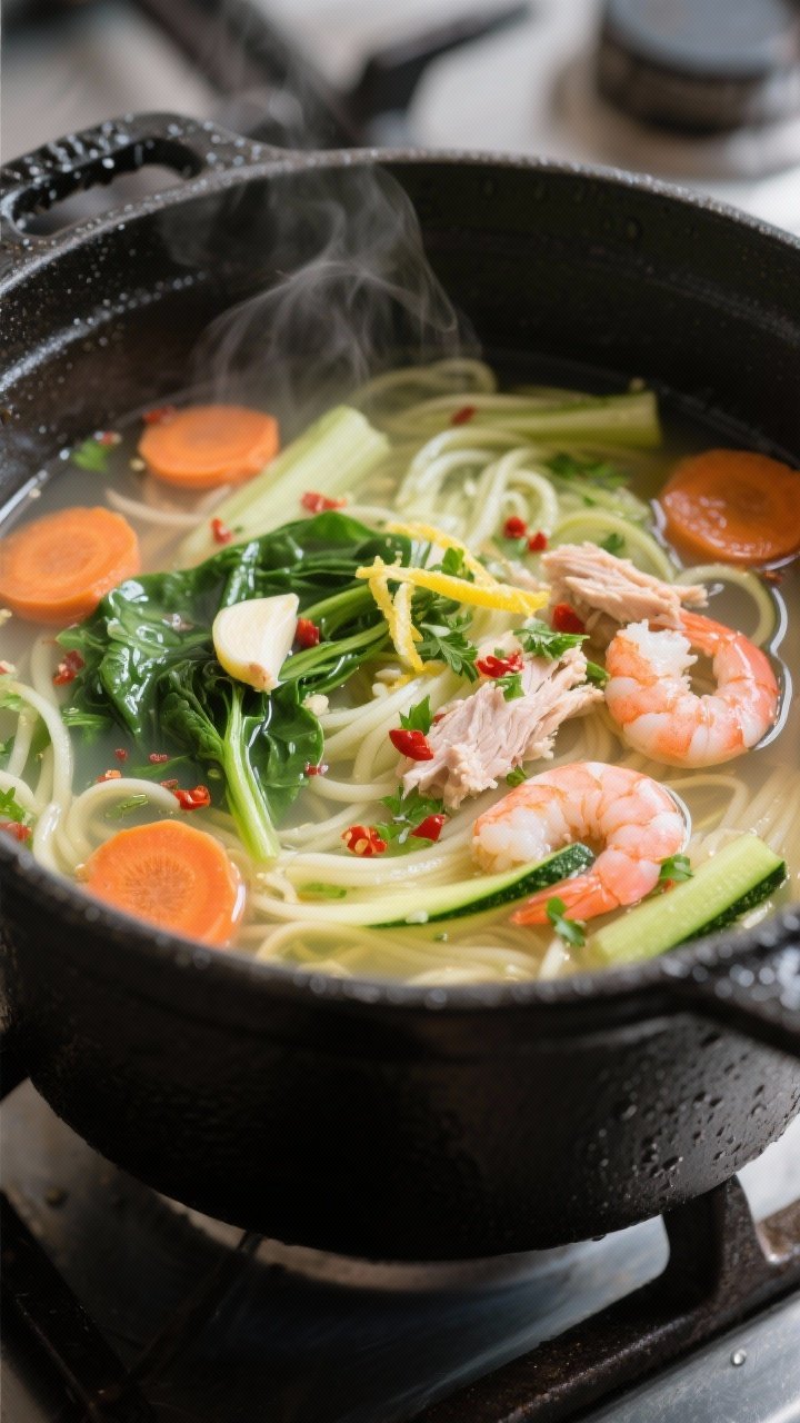 Cooking process close-up: Steam-kissed zucchini noodle soup simmering in a matte black Dutch oven, g