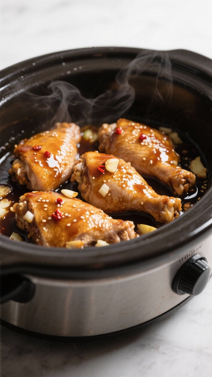 Cooking process close-up: Tender boneless chicken thighs in a slow cooker, coated in a glossy honey-