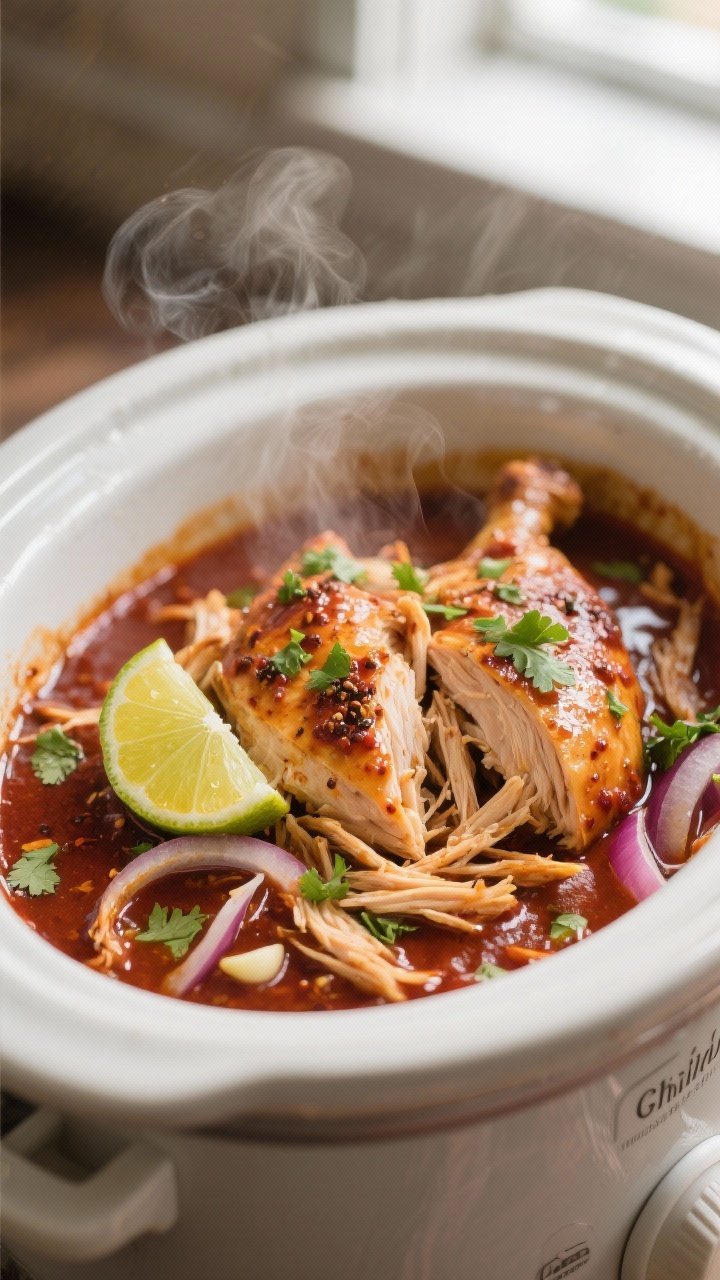 Cooking process close-up: Tender chipotle-lime chicken just shredded and folded back into a glossy, 