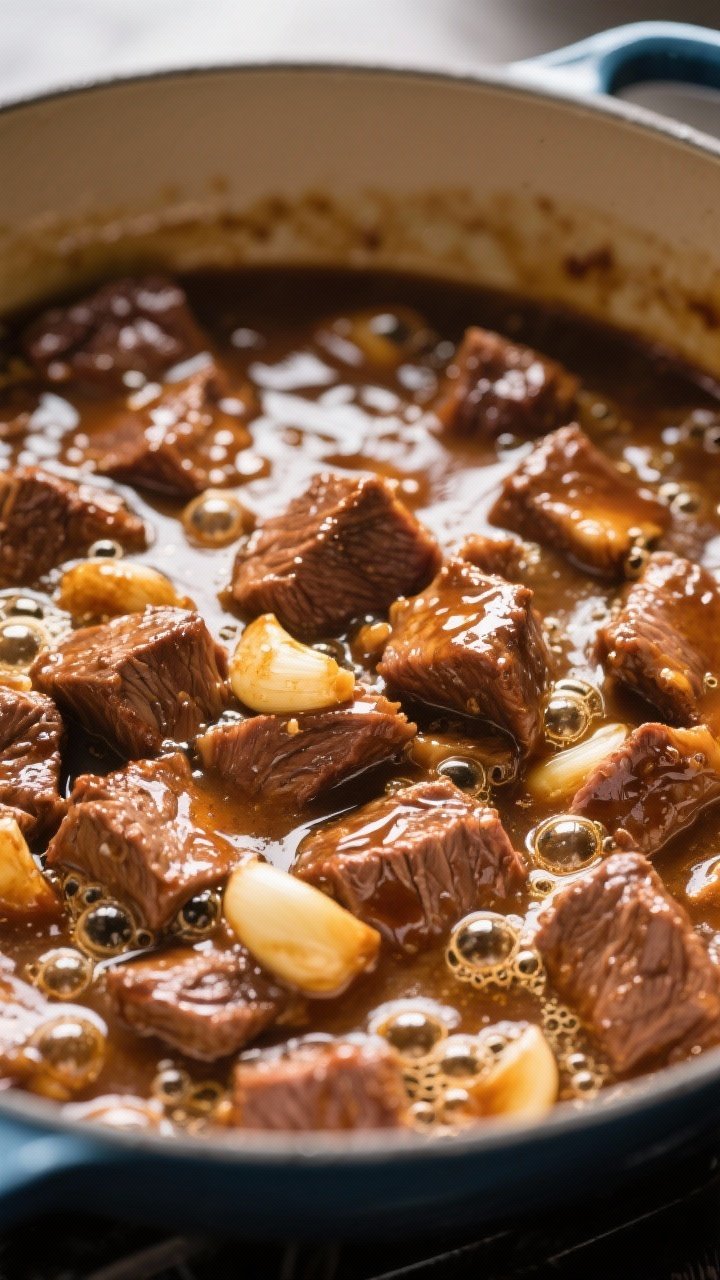 Cooking process close-up: Tender honey garlic beef simmering in a Dutch oven, glossy sauce visibly t