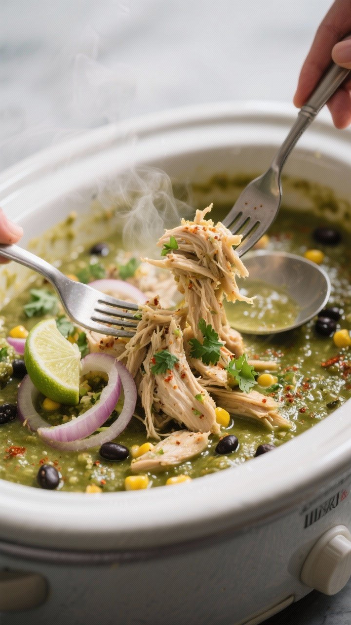 Cooking process close-up: Tender shredded salsa verde chicken in a slow cooker, glistening in a tang