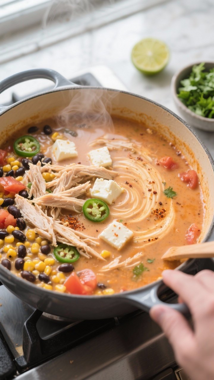 Cooking process — creamy chicken taco soup mid-simmer: Overhead shot of a Dutch oven with the soup