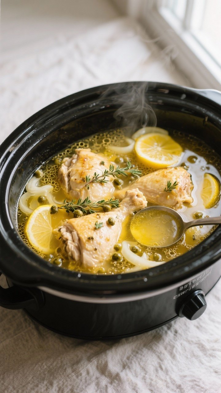 Cooking process – Crockpot scene: Overhead shot of lemon crockpot chicken simmering in a slow cook
