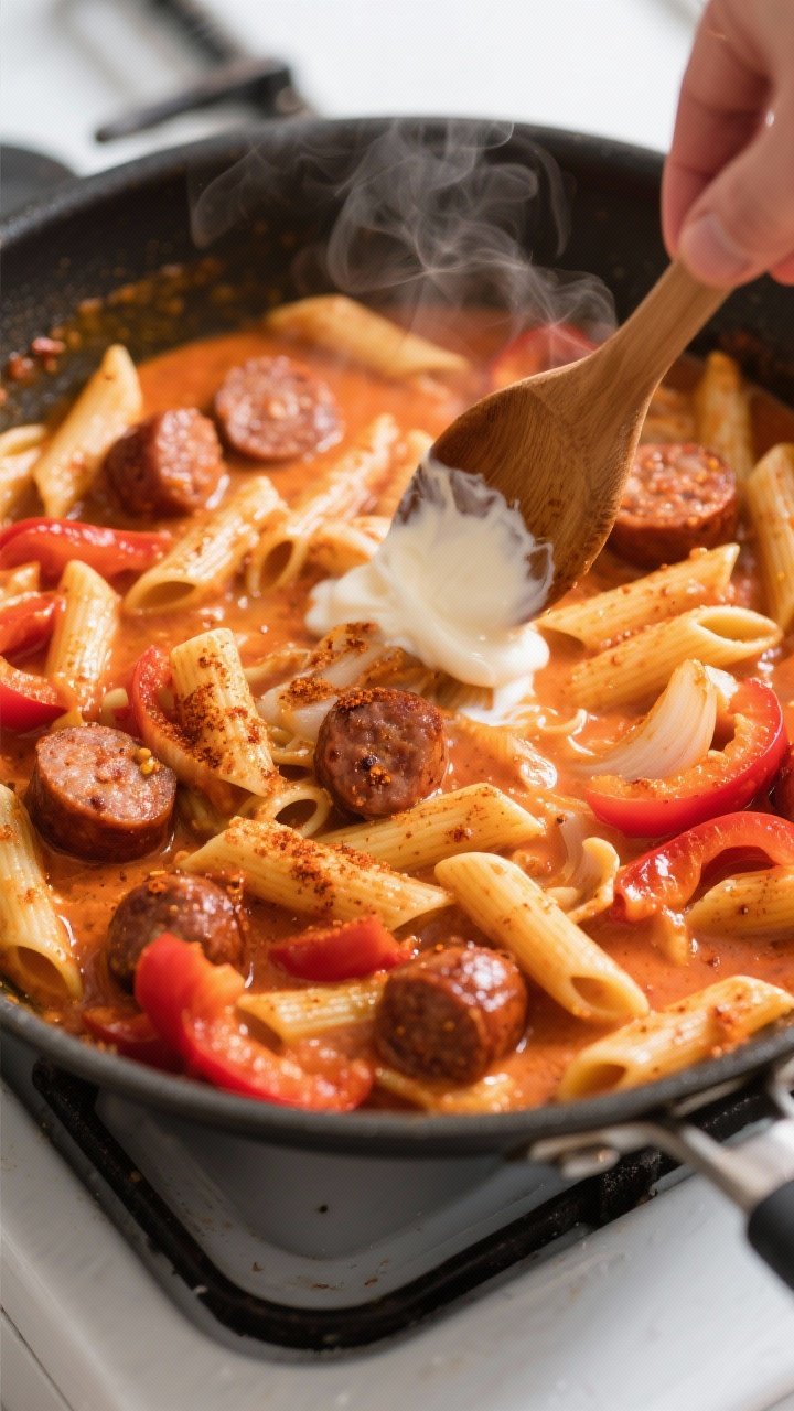 Cooking process, overhead action shot: A deep skillet of simmering creamy Cajun sausage pasta mid-co