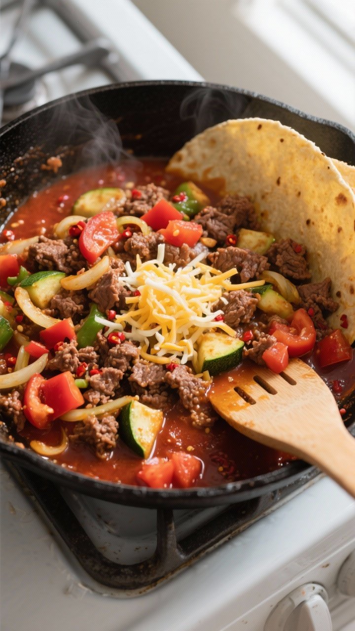Cooking process, overhead: Low Carb Beef Taco Skillet simmering in a large black cast-iron skillet, 