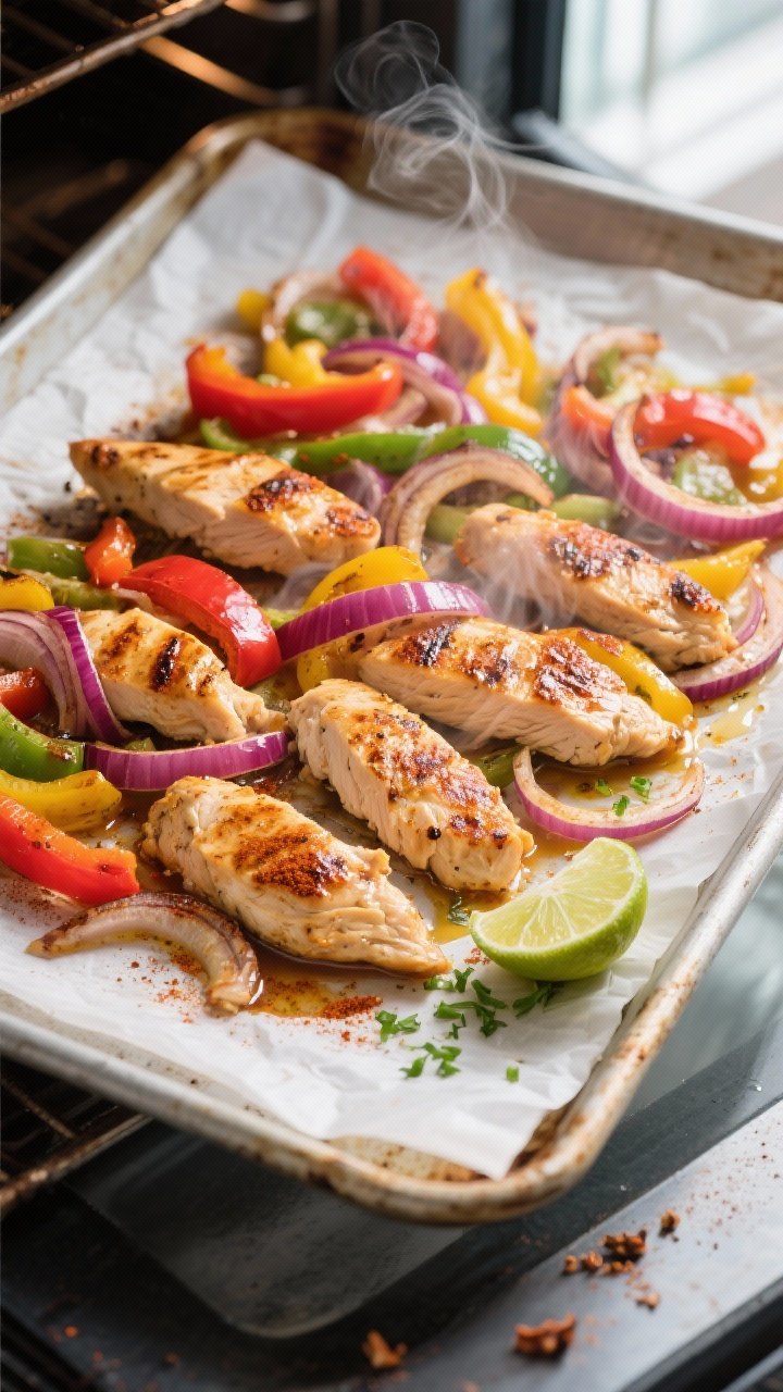 Cooking process, overhead: Overhead shot of a parchment-lined sheet pan just pulled from a 425°F ov