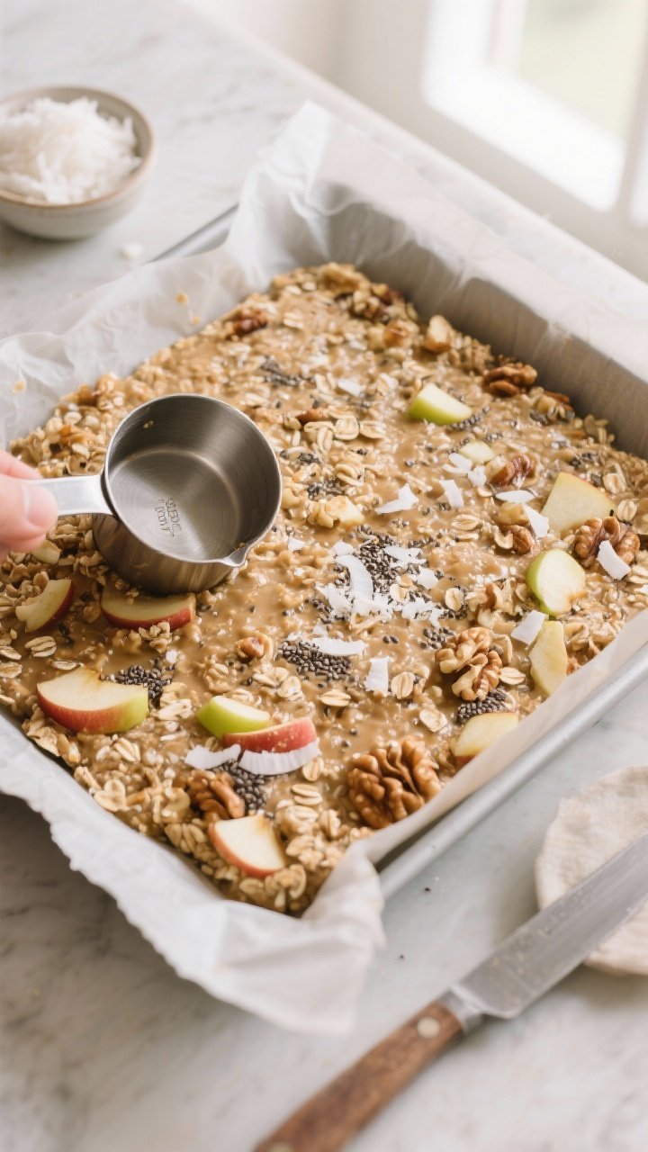 Cooking process, overhead: Overhead shot of a parchment-lined 8x8 pan filled with the Fresh Apple & 