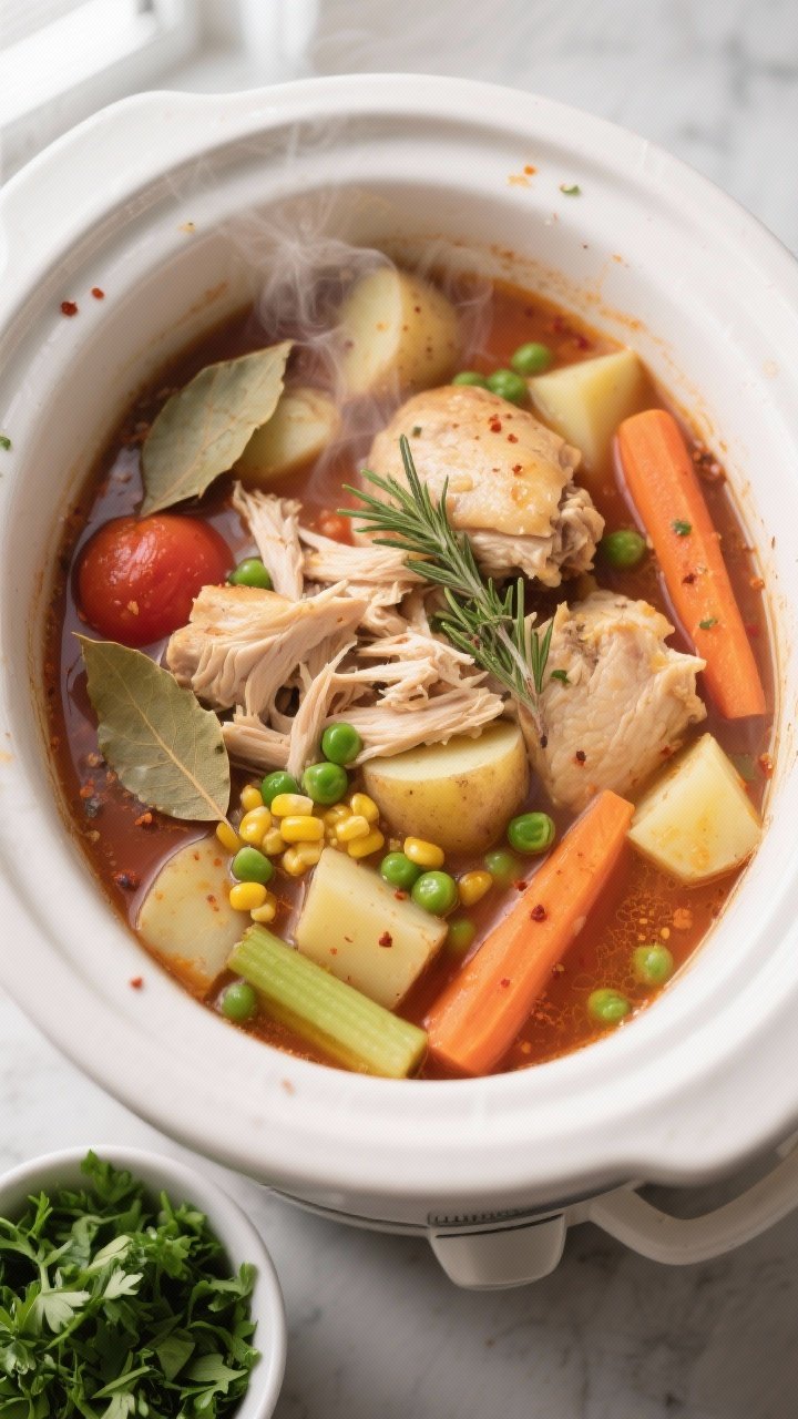 Cooking process, overhead: Overhead shot of a slow cooker just after shredding and returning the coo