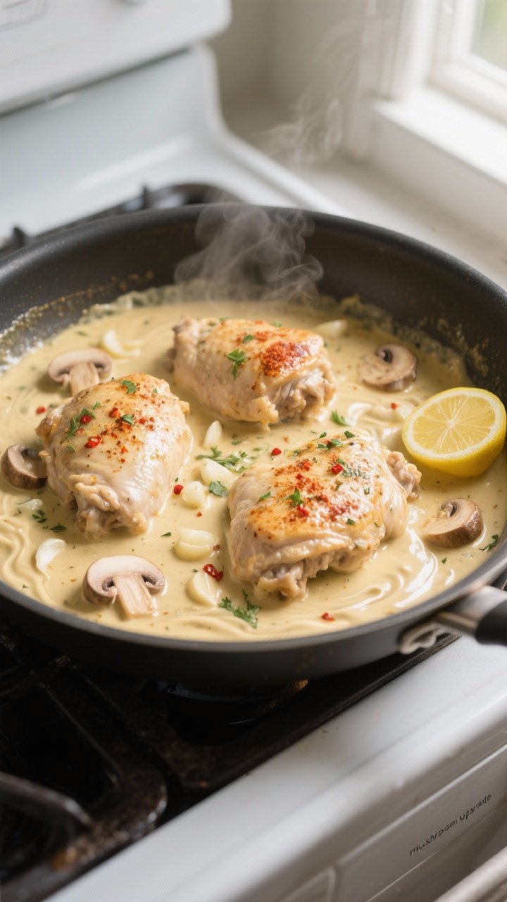 Cooking process, overhead: Overhead shot of creamy garlic herb chicken thighs simmering in a wide sk