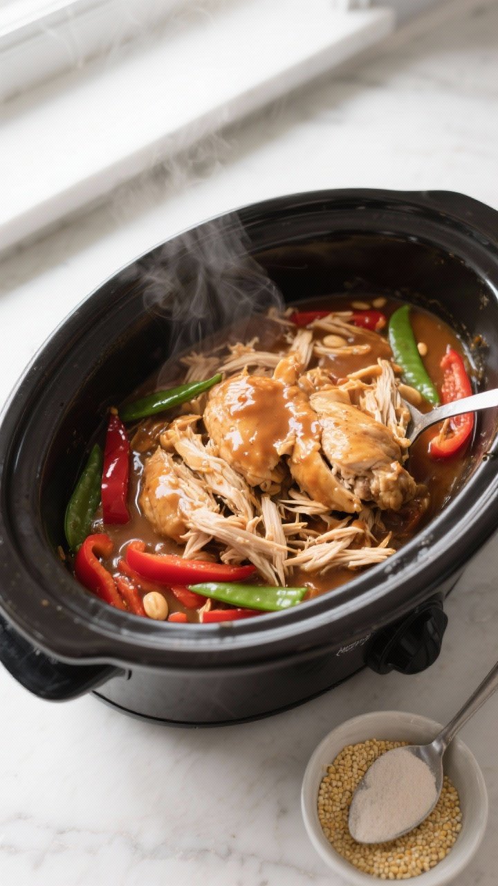 Cooking process, overhead: Overhead shot of shredded crockpot peanut chicken being folded back into 