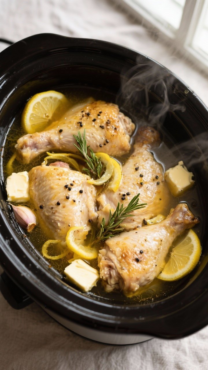 Cooking process, overhead: Overhead shot of slow cooker lemon pepper chicken midway through cooking 