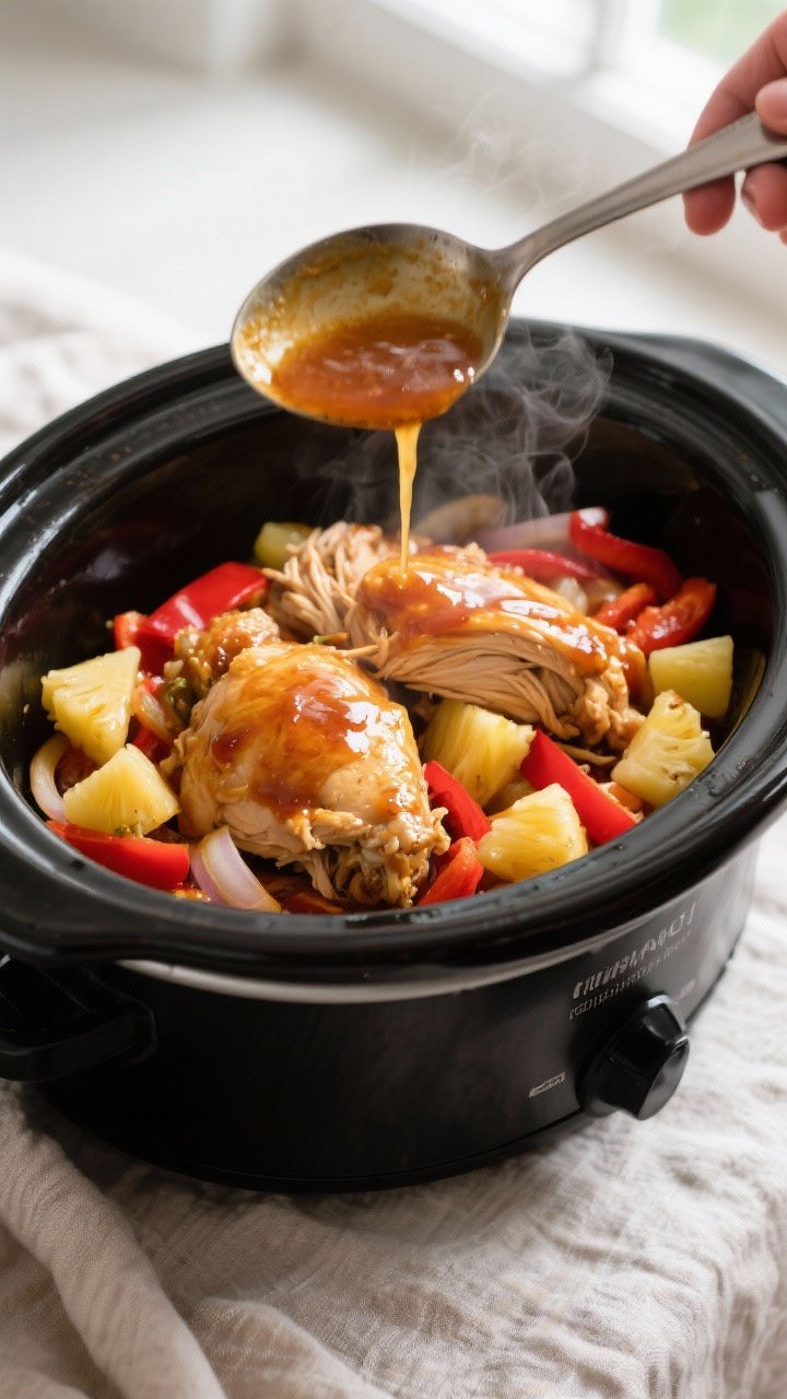 Cooking process, overhead: Overhead shot of Sweet Hawaiian Chicken just out of the slow cooker, tend