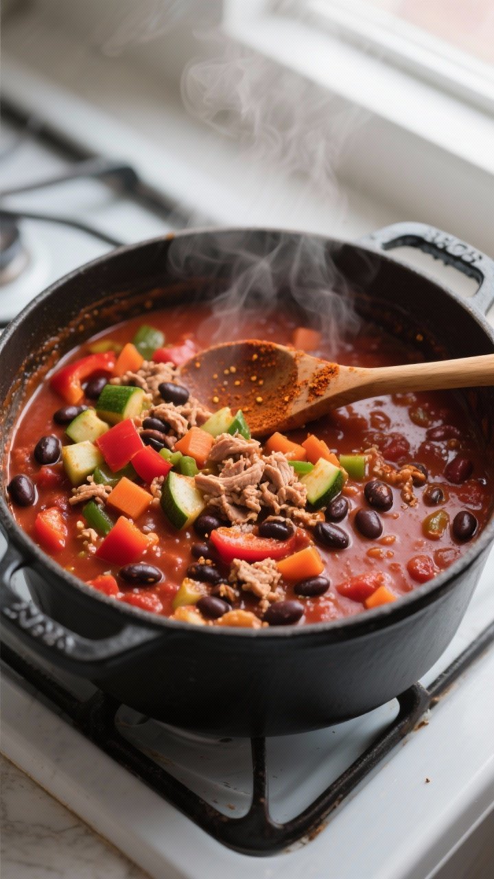 Cooking process, overhead: Overhead shot of veggie-packed turkey chili simmering in a matte black Du