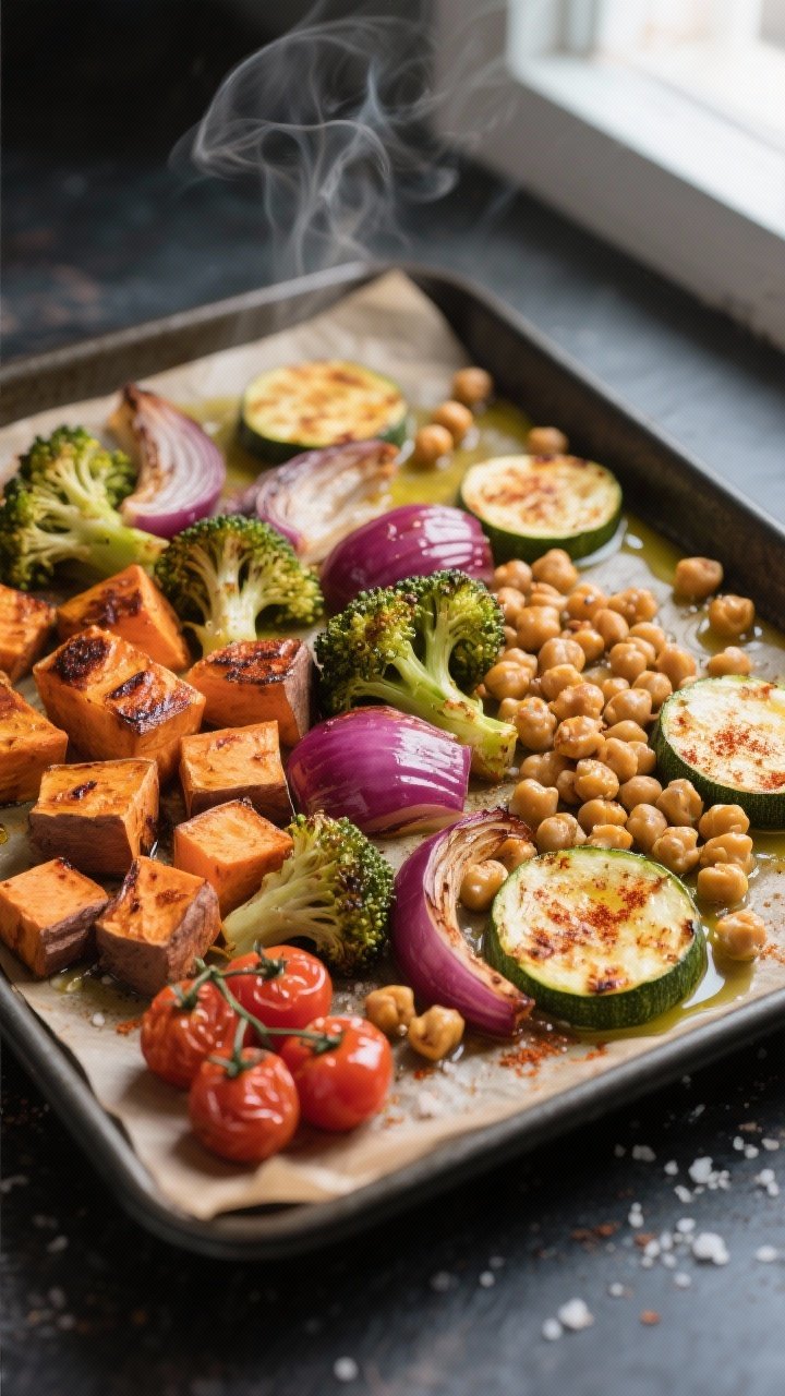 Cooking process, overhead: Sheet pan of roasted veggies and chickpeas fresh from a 425°F oven — c