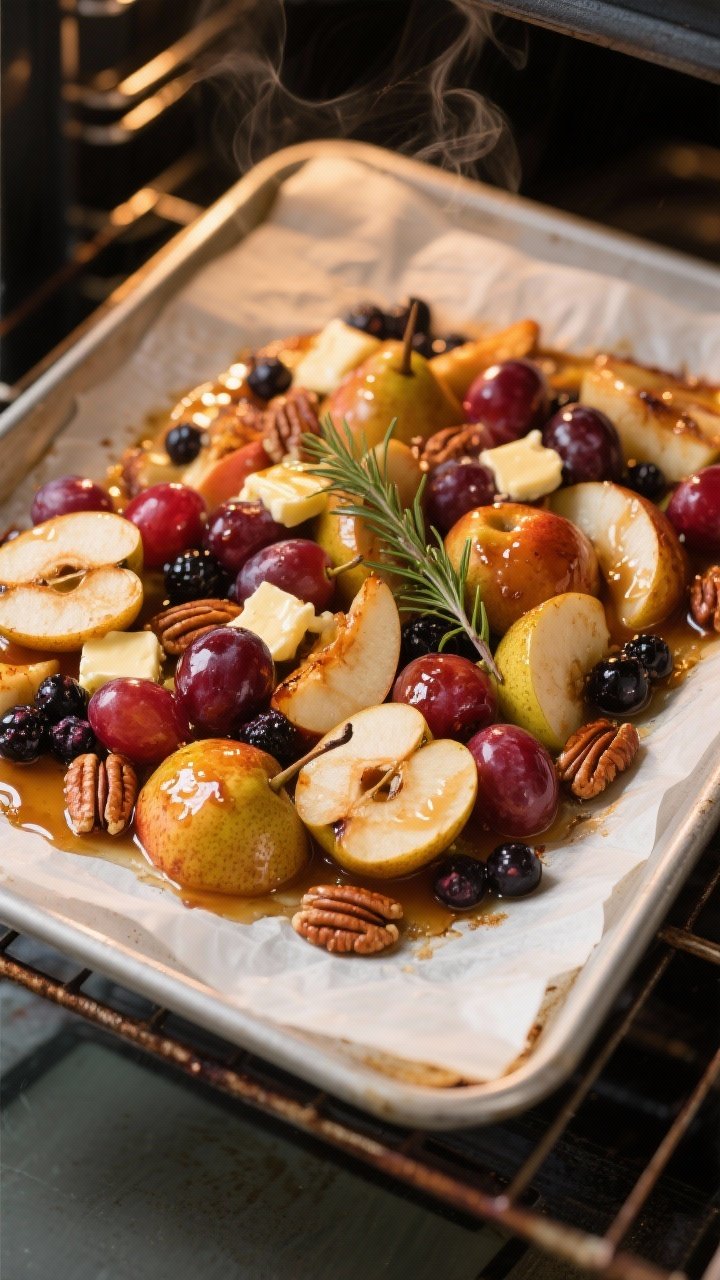 Cooking process, overhead shot: A parchment-lined rimmed baking sheet in a 400°F oven with a maple-