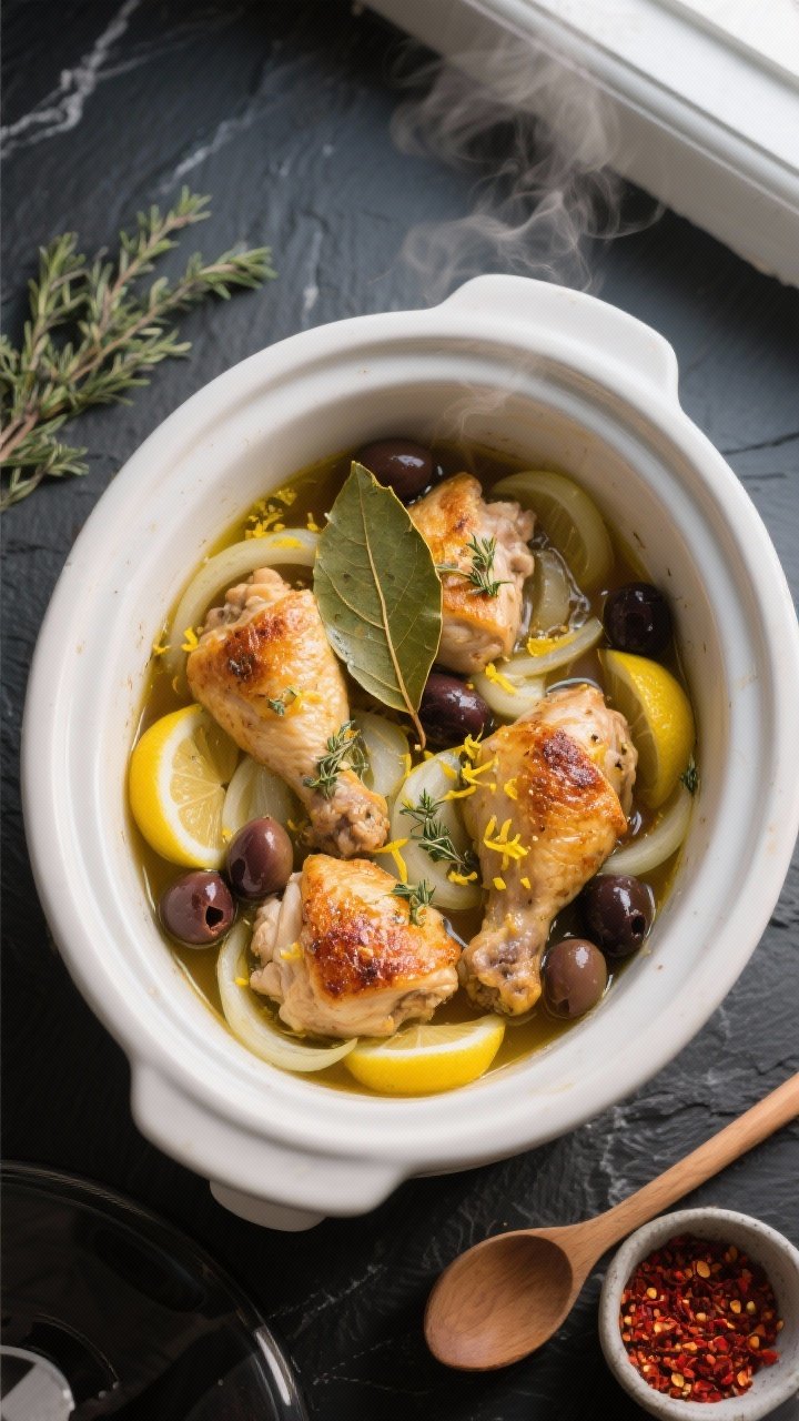 Cooking process, overhead: Slow cooker filled with golden-seared chicken thighs nestled over softene