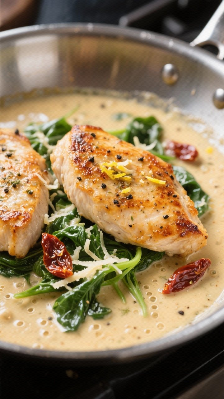 Cooking process, pan sear and sauce: Close-up of golden-brown pan-seared chicken cutlets nestled in 