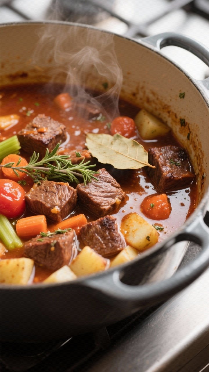 Cooking process — Searing and simmering: Close-up of browned beef cubes and aromatics simmering in