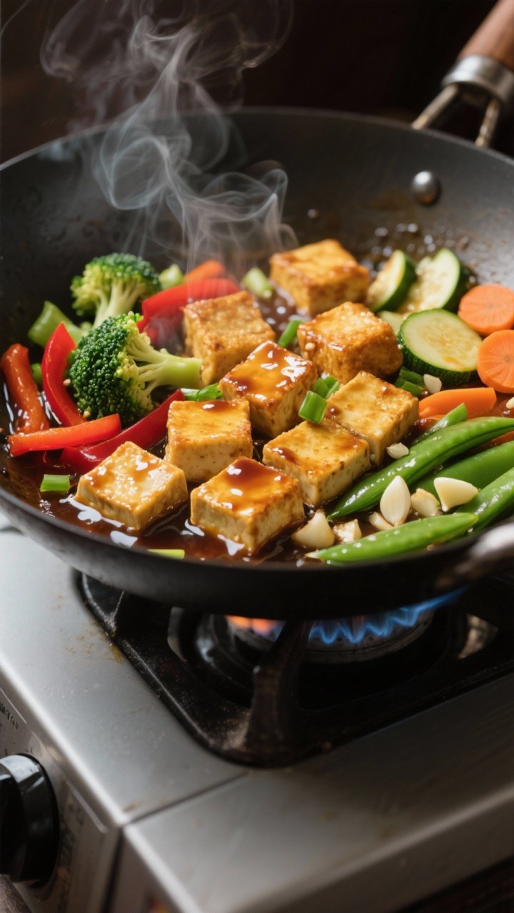 Cooking process shot: Golden-crisp tofu cubes sizzling in a wok with a glossy soy-hoisin sauce just 