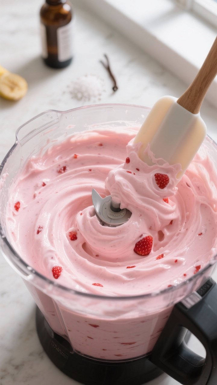 Cooking process — Strawberry Banana “Ice Cream” blending: Close-up of thick, creamy pink “ni