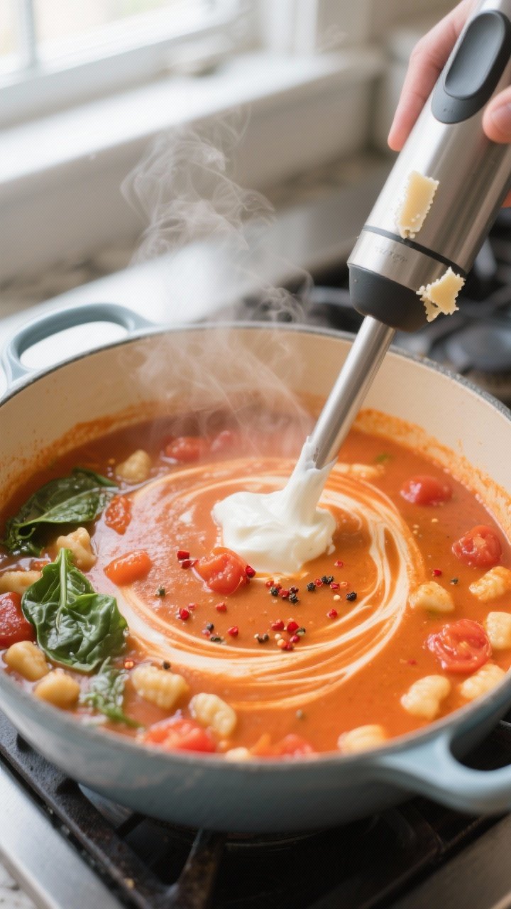 Cooking process — Tomato Gnocchi Soup base: A Dutch oven at a gentle simmer with a rich, velvety t