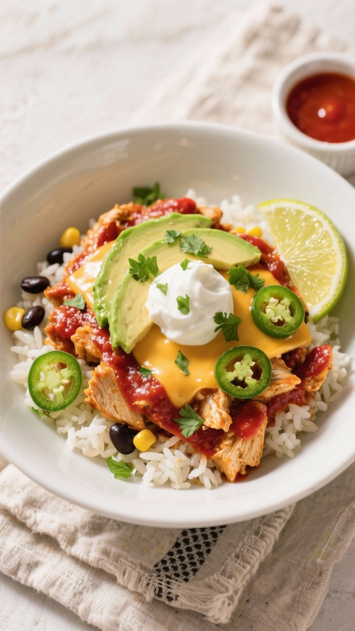 Final bowl overhead: Tasty top-down shot of Chicken Enchilada Bowl over cilantro-lime rice, generous