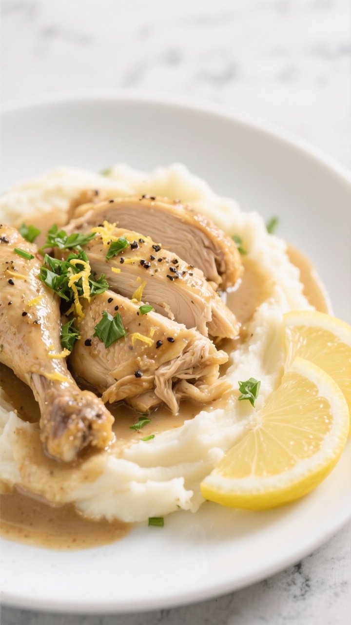 Final dish, close-up: Close-up detail of plated Slow Cooker Lemon Pepper Chicken served over creamy 