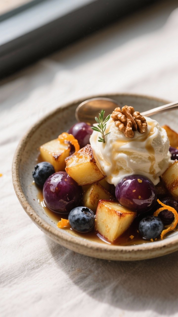 Final dish, close-up detail: A rustic ceramic bowl of Maple Roasted Fruit Medley spooned over a clou