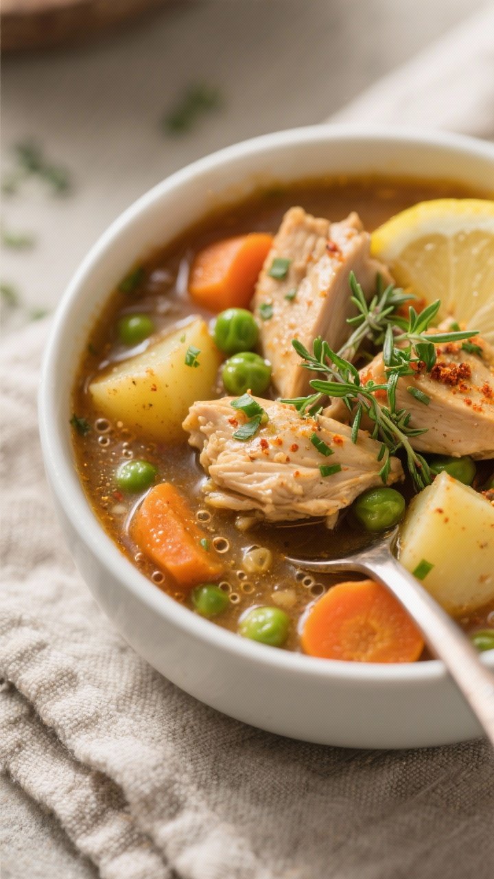 Final dish, close-up detail: Close-up of a ladled bowl of Slow Cooker Chicken & Veggie Stew, showcas