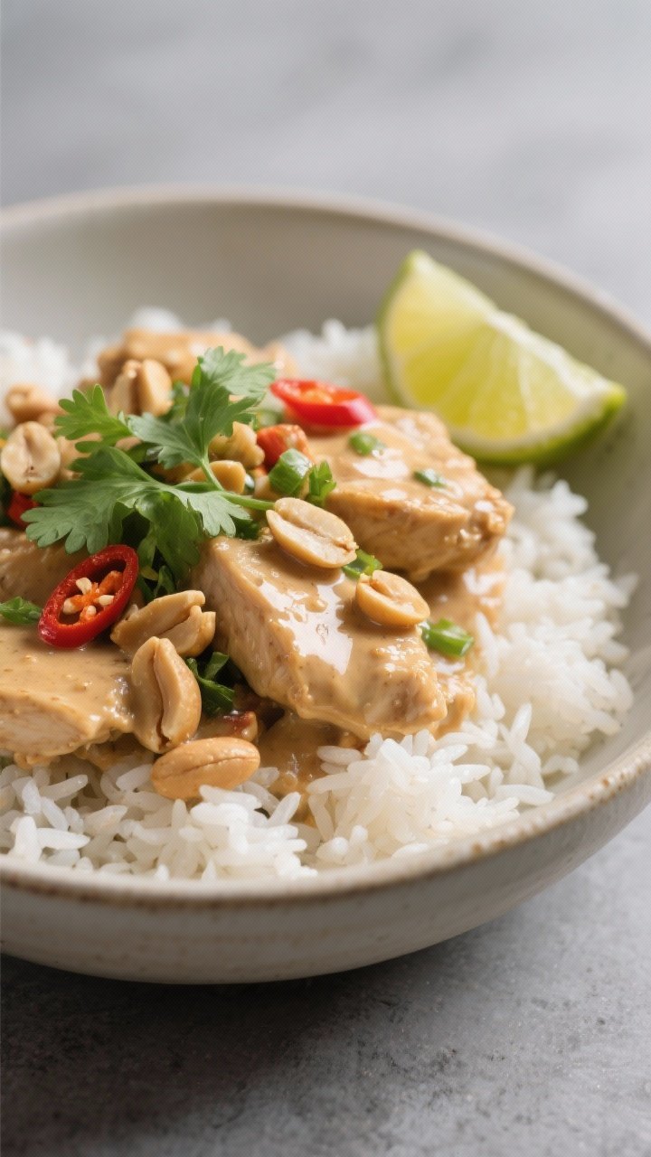 Final dish, close-up detail: Close-up, of a restaurant-quality bowl of Crockpot Peanut Chicken serve