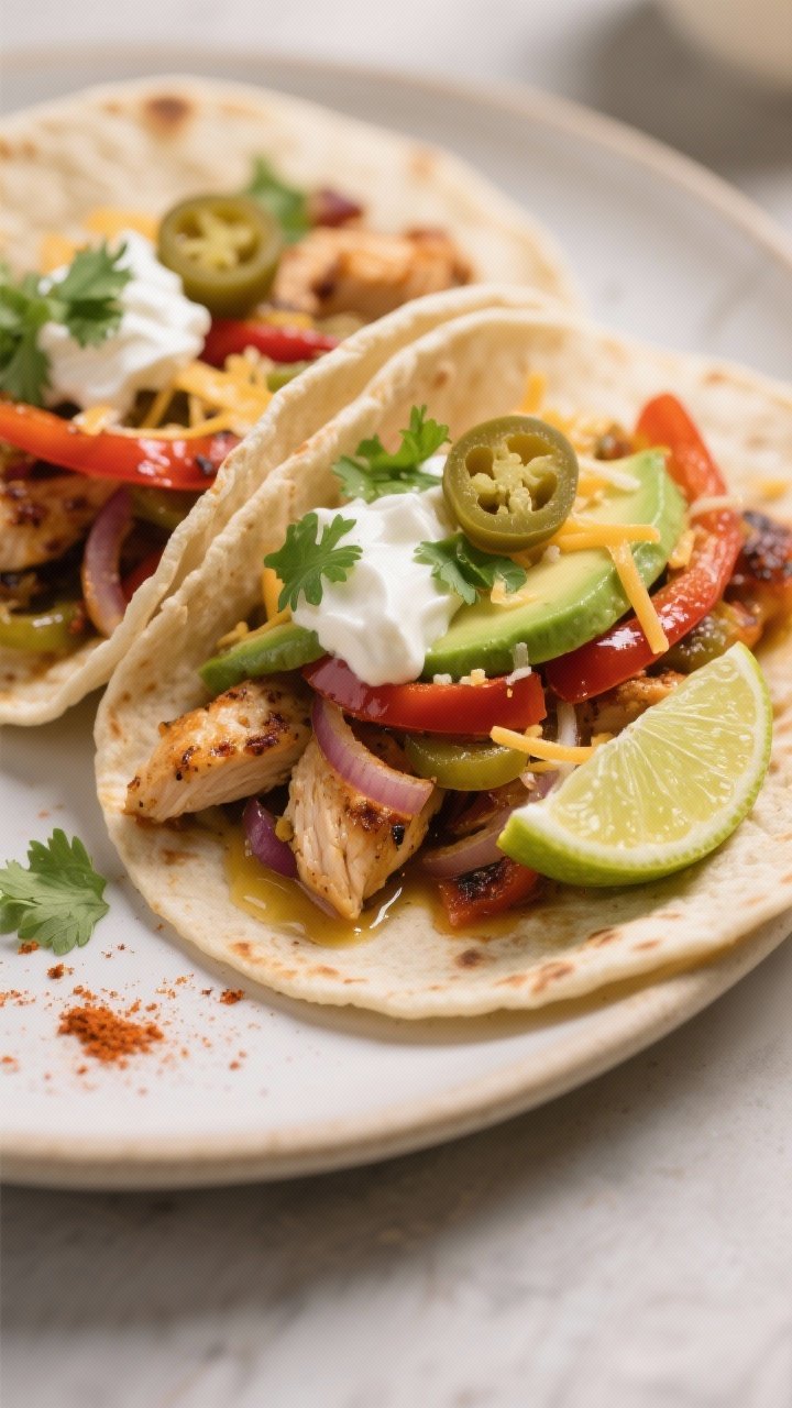 Final dish, close-up detail: Close-up of assembled chicken fajita tacos on warm flour tortillas, pil