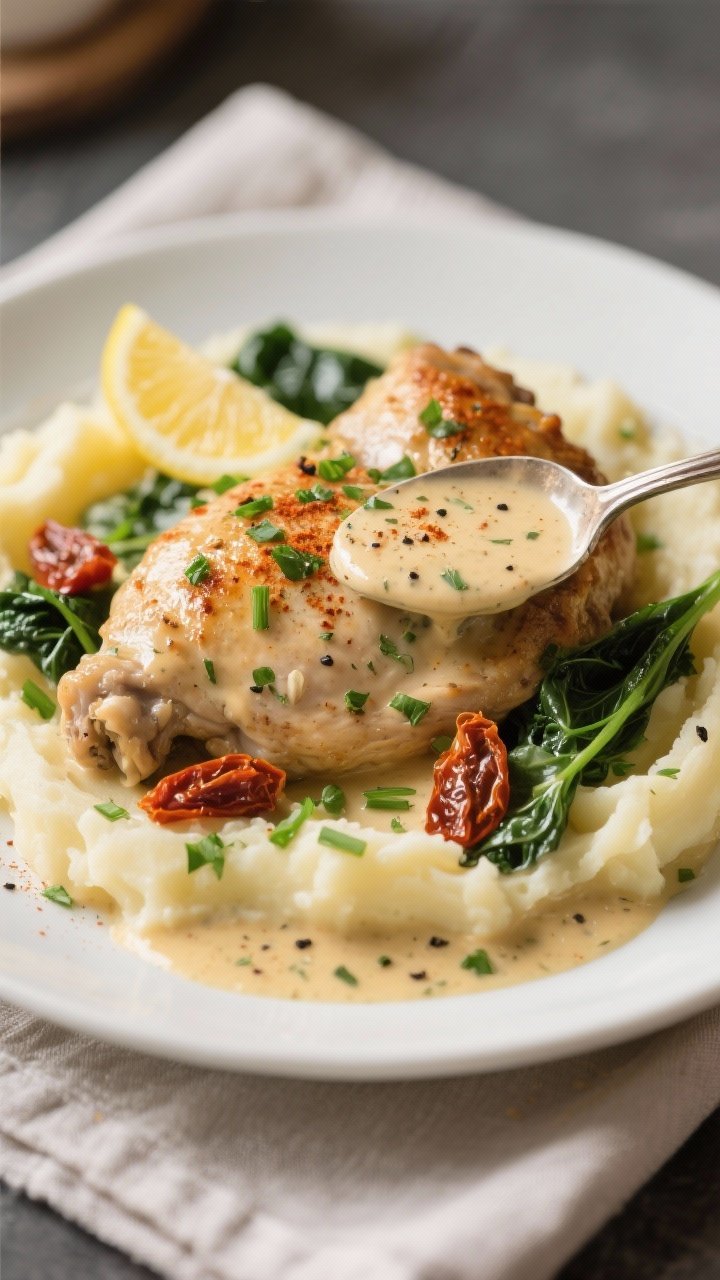 Final dish, close-up detail: Close-up of plated creamy garlic herb chicken thighs over buttery mashe