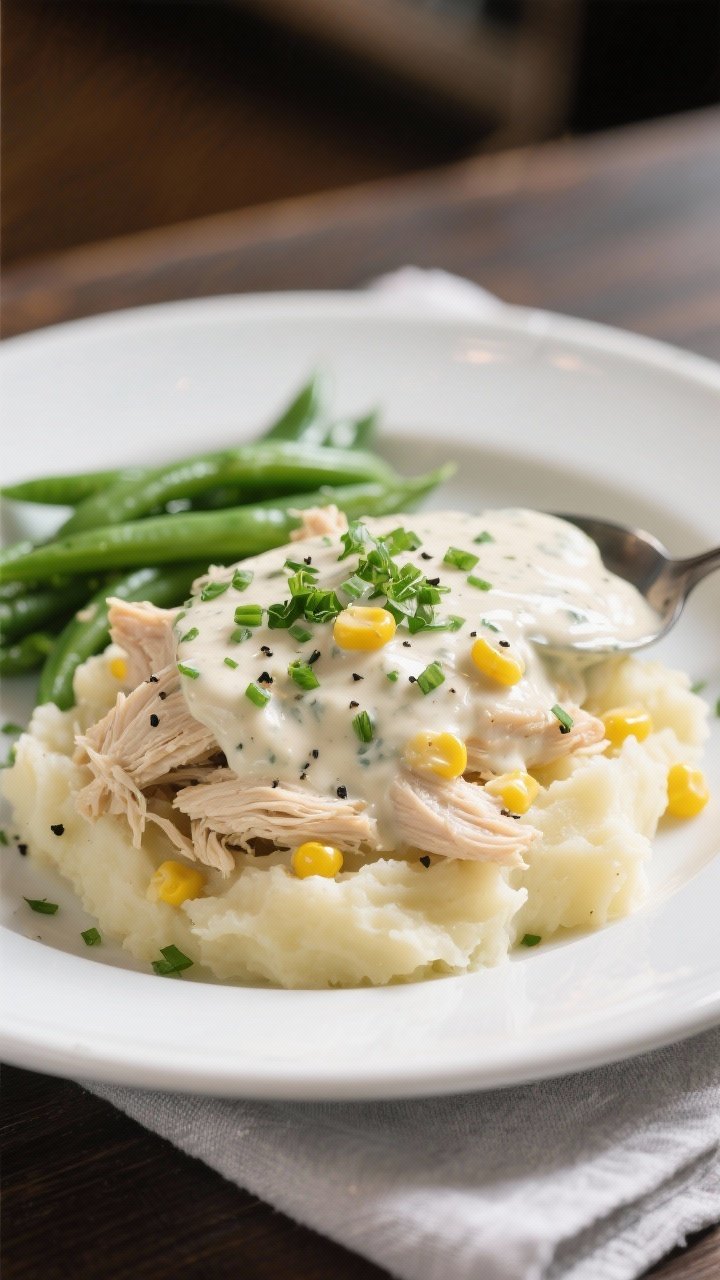 Final dish, close-up detail: Creamy ranch chicken spooned over buttery mashed potatoes on a wide whi