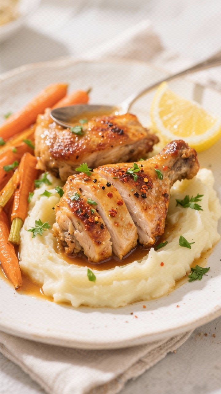 Final dish, close-up plated: Close-up of crispy-skinned garlic herb chicken thighs, skin crackling a