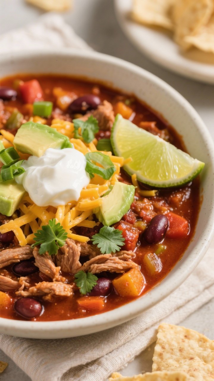 Final dish, close-up: Tight close-up of a generous bowl of Veggie-Packed Turkey Chili served in a wi