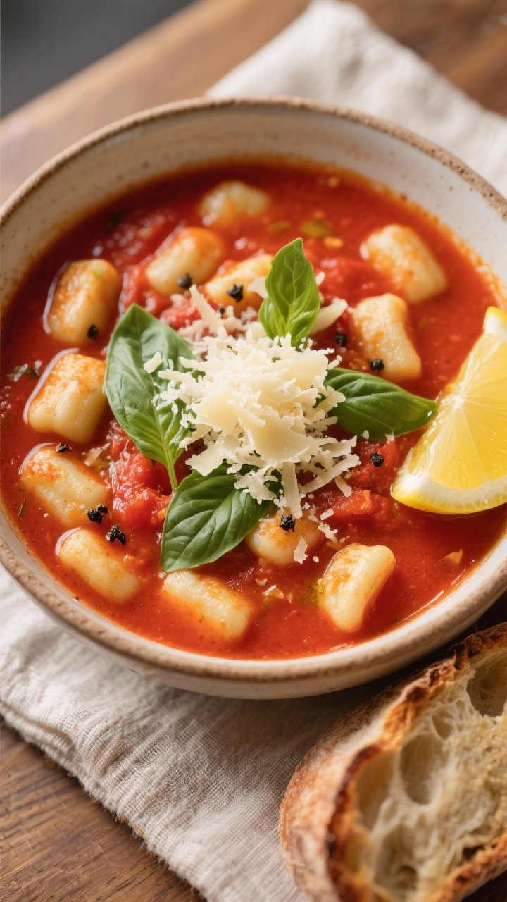 Final dish — Cozy café-style serving: Overhead shot of a bowl of Tomato Gnocchi Soup with pillowy