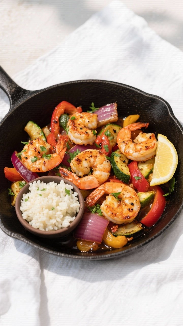 Final dish, : Low Carb Cajun Shrimp Skillet plated family-style in a matte black shallow bowl, overh