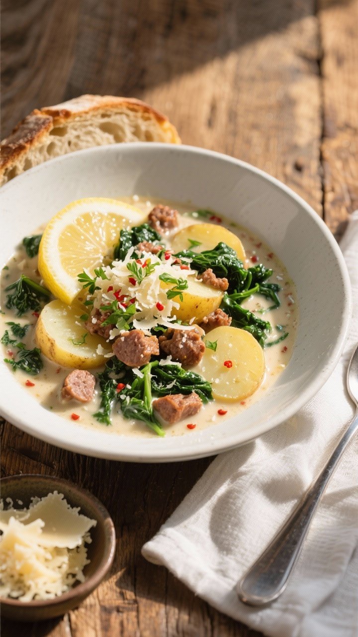 Final dish overhead: A cozy, restaurant-quality bowl of Zuppa Toscana plated in a wide, matte white 